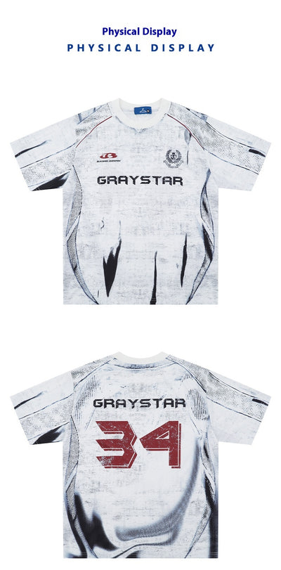 White short sleeve t-shirt with black and white abstract print, round neck, and 'GRAYSTAR' text on the front. - Image 9
