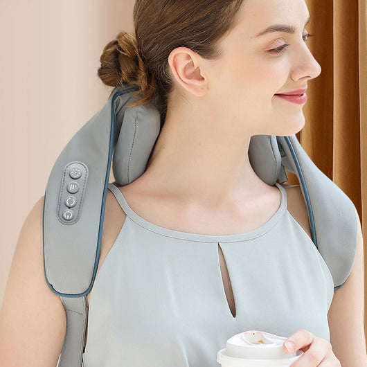 Light gray shoulder and neck massager with blue trim, control buttons, and hanging straps on a white background. - Image 3