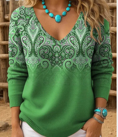 Blusa Retro Estampada con Cuello en V y Manga Larga para Mujer - Image 10