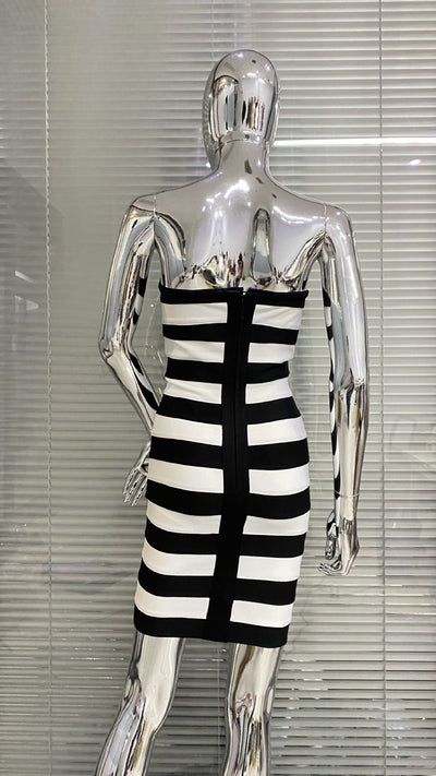 Vestido de Fiesta Rayas Blanco y Negro - Diseño Bandage Ajustado para Mujer - Image 13
