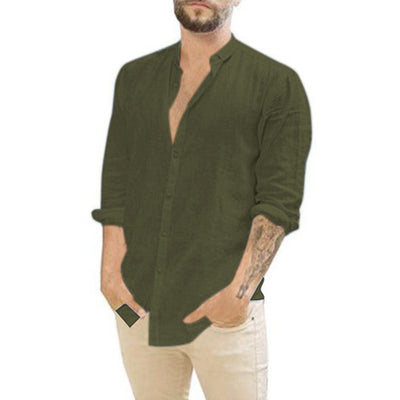 Camisa Casual de Cuello Mao Manga Larga Color Liso - Image 7