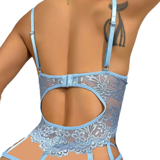 White lace bra set with a corset-style top, thong, garter belt, and thigh garters, featuring delicate bows. - Image 5