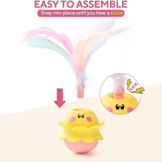 Interactive automatic cat feather toy with a yellow and pink base, featuring white, pink, and blue feathers. - Image 3