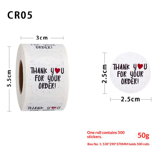 Roll of white round thank you stickers with black text, a red heart, and gold dots for orders. - Image 14