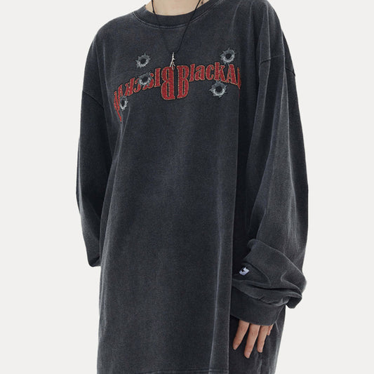 Playera Holgada Estampado Denim Lavado Desgastado Manga Larga
