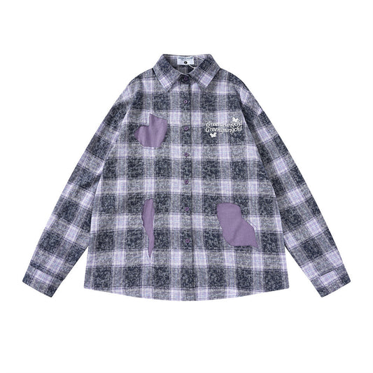 Camisa Cuadriculada Bordada de Manga Larga para Hombre Primavera Otoño