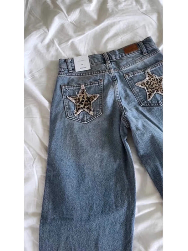 Jeans Vintage Americana con Estampado de Leopardo y Estrellas Bordadas