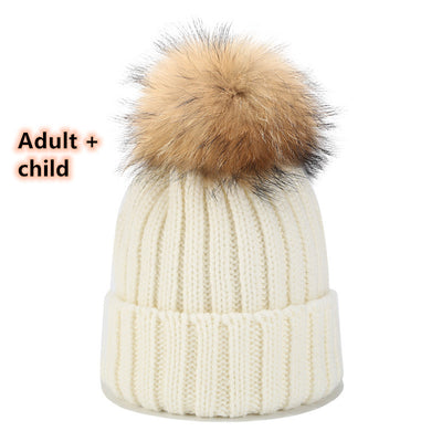 Gorro Tejido de Pelota de Pelo Real con Mapache - Juego para Padres e Hijos - Image 2