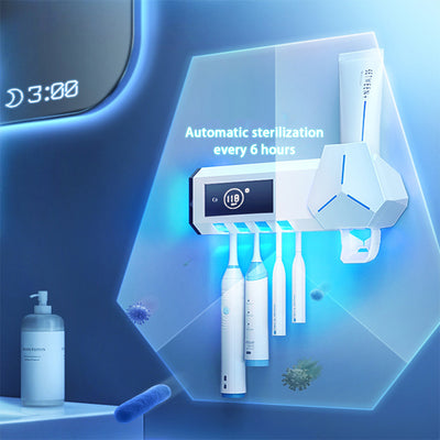 White wall-mounted toothbrush sterilizer with UVC ultraviolet light, holding four electric toothbrushes. Features a digital display and blue sterilization light - Image 6