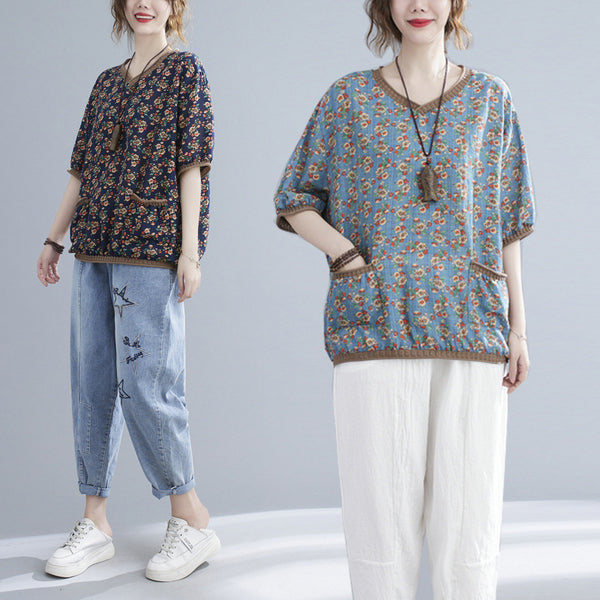 Blusa Estampada Escote V Manga Corta para Mujer