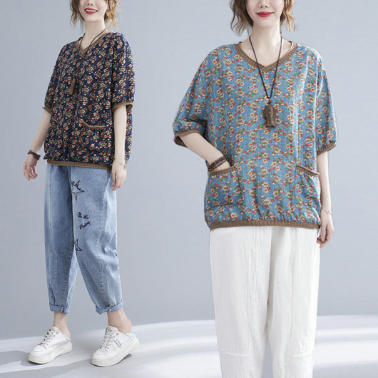 Blusa Estampada Escote V Manga Corta para Mujer