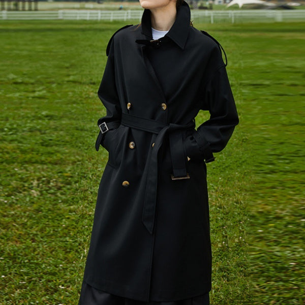 Abrigo Trench Largo para Mujer con Cuello Alzado y Doble Botonadura Ajustable