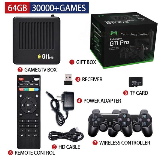G11 Pro Dual System TV Set-top Box Open Source Game Console with 128GB TF card, two wireless controllers, remote, and accessories.