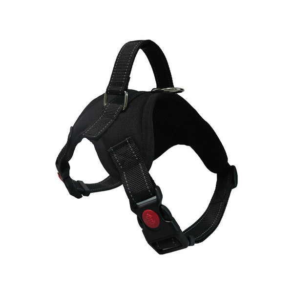 Blue and black pet harness with reflective stitching, a top handle, and red quick-release buckles. - Image 5