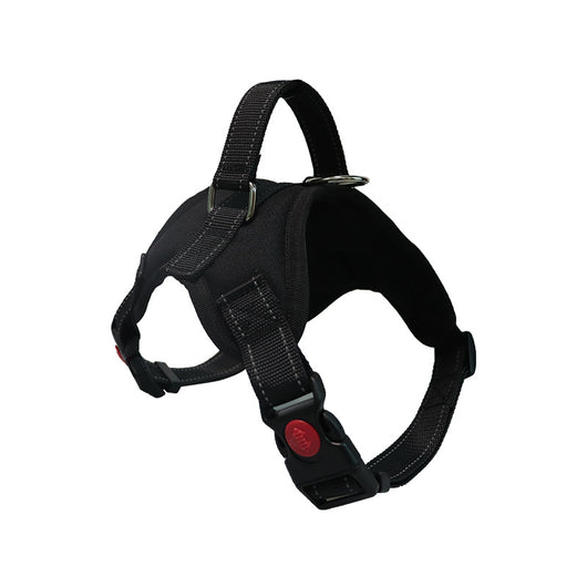 Blue and black pet harness with reflective stitching, a top handle, and red quick-release buckles. - Image 5