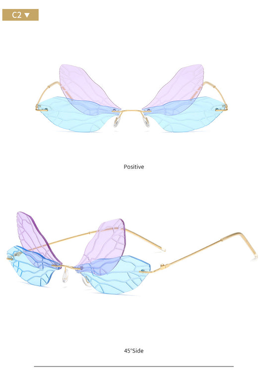 Light green rimless butterfly sunglasses with gold metal frames, featuring a unique veined lens design. - Image 17