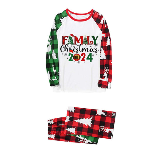 Matching family Christmas pajamas with red and green plaid, deer, and Christmas tree patterns, featuring "FAMILY Christmas 2024" text. - Image 14