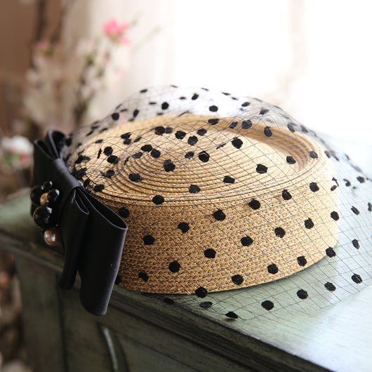 Sombrero de Paja Vintage con Velo y Lunares Negros - Image 2