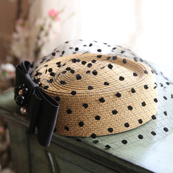 Sombrero de Paja Vintage con Velo y Lunares Negros