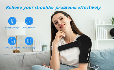 Man wearing a black electric heating shoulder pad with adjustable straps for therapeutic warmth and support. - Image 7