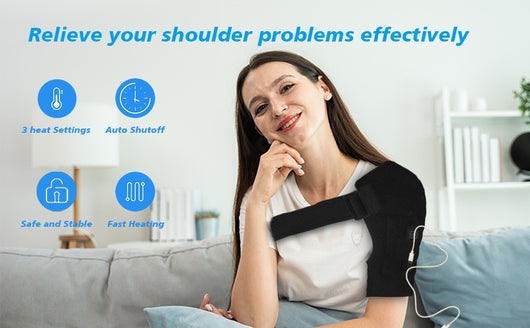Man wearing a black electric heating shoulder pad with adjustable straps for therapeutic warmth and support. - Image 7