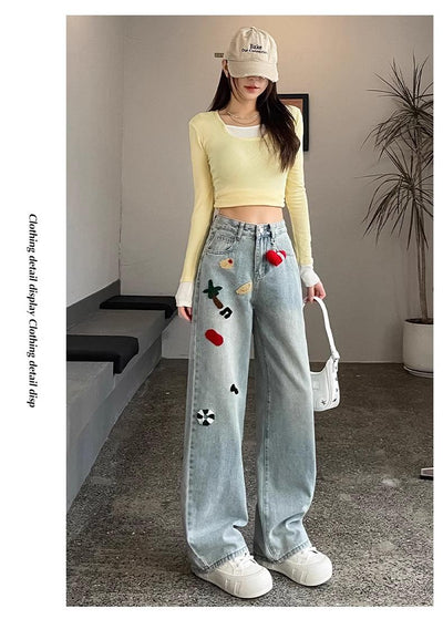 Pantalones Jeans Rectos Cintura Alta con Bordados para Mujer - Image 11