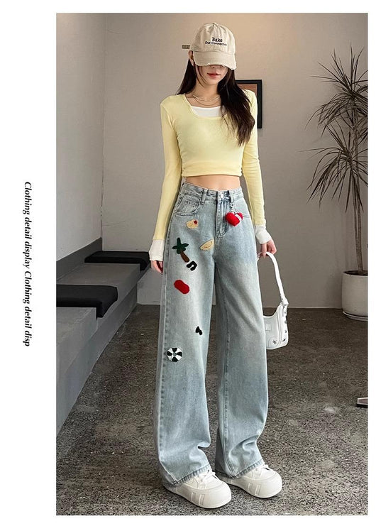 Pantalones Jeans Rectos Cintura Alta con Bordados para Mujer - Image 11