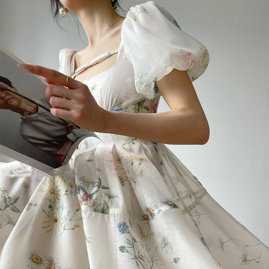 Vestido Elegante Estilo Francés con Cuello Cuadrado y Estampado