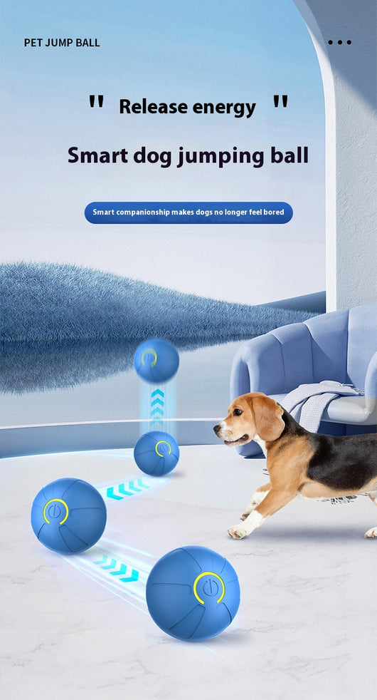 Upgraded blue electric jumping ball for pets with a yellow power button, made of chewable silicone, on a white pedestal. - Image 23
