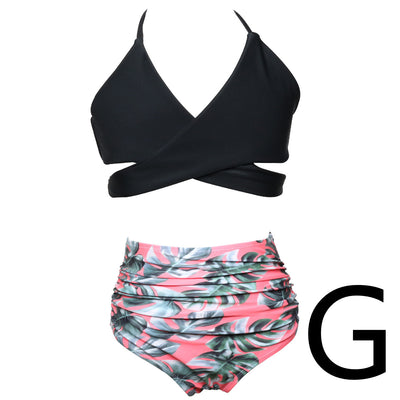 Mother and child in matching peach and green tropical print split bikinis with ruffled tops and high-waisted bottoms. - Image 23