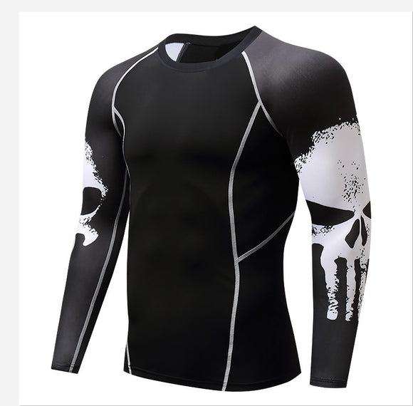 Playera Deportiva Manga Larga con Diseño Calavera - Ajuste Compresión Quick Dry para Hombre