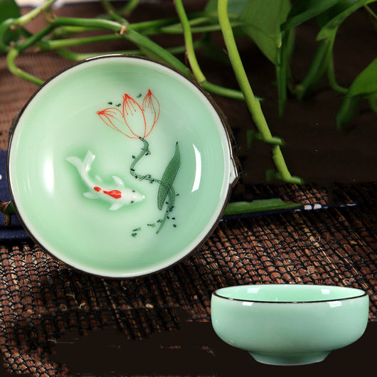 Juego de Té Kung Fu Celadón Pintado a Mano con Diseño Carpa Creativo - Image 13