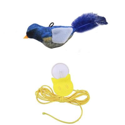 Plush bird cat toy with orange chest, brown body, and real speckled feathers, includes a yellow hanging rope. - Image 18