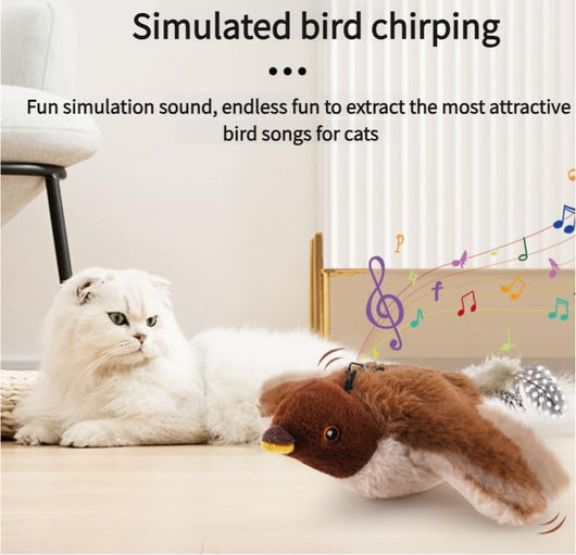 Plush brown and white bird cat toy with yellow accents, a feather tail, and a black clip on its back. - Image 6