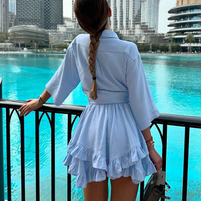 Conjunto Elegante: Blusa Manga Corta con Cuello Solapa y Falda Plisada - Image 20