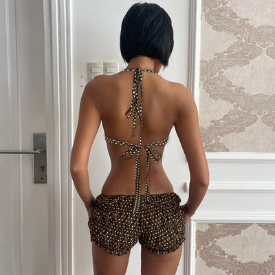 Dark brown polka dot halter bikini top with matching shirred high-waisted shorts for women. - Image 3