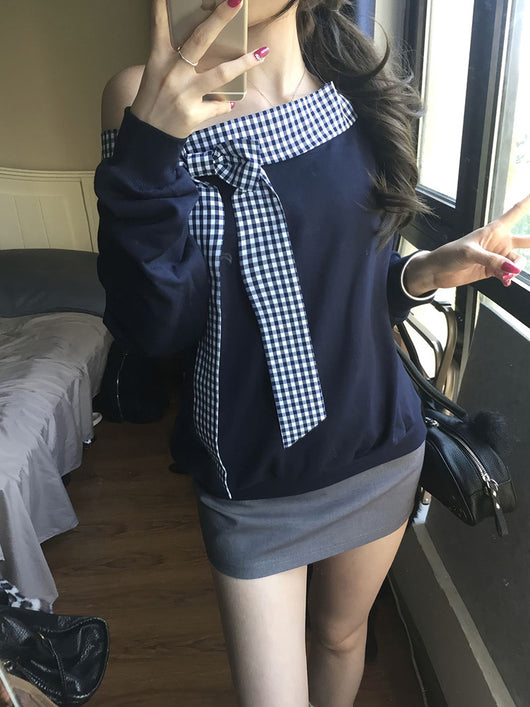 Blusa a Cuadros con Hombros Descubiertos y Manga Larga para Mujer - Image 9