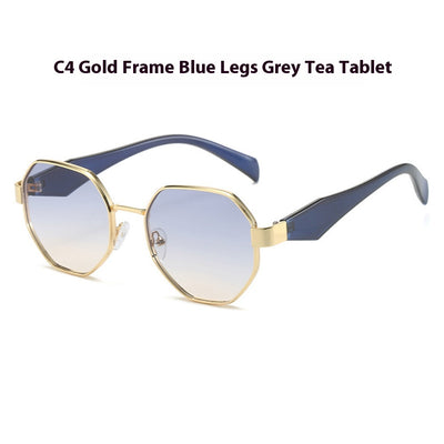 Polygonal sunglasses with a gold metal frame, beige temples, and dark black-gray lenses on a white background. - Image 10