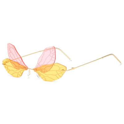 Light green rimless butterfly sunglasses with gold metal frames, featuring a unique veined lens design. - Image 4