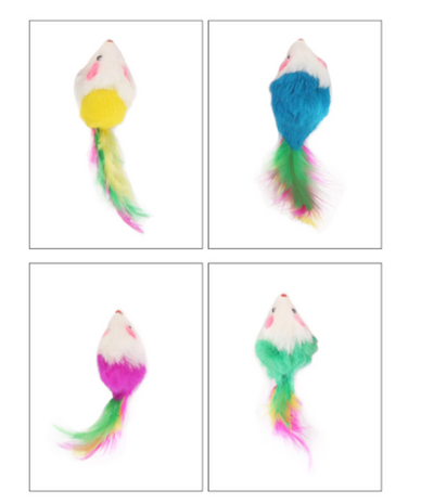 Plush mouse cat toy with a grey and white body, pink ears, and a vibrant feather tail in pink, yellow, and blue. - Image 9