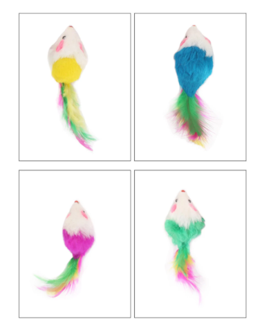 Plush mouse cat toy with a grey and white body, pink ears, and a vibrant feather tail in pink, yellow, and blue. - Image 9