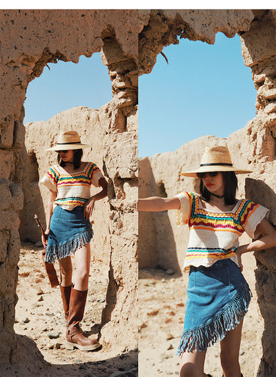 Falda Denim Retro Irregular con Flecos - Image 12