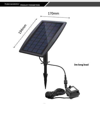 5W solar fountain kit with black solar panel on a ground stake, water pump, coiled hose, and various nozzles. - Image 10