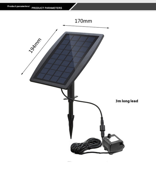 5W solar fountain kit with black solar panel on a ground stake, water pump, coiled hose, and various nozzles. - Image 10