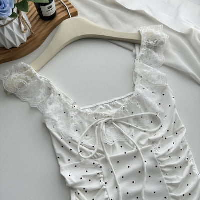 Blusa Crop Ajustada con Volantes, Encaje y Lunares - Manga Casquete - Image 18
