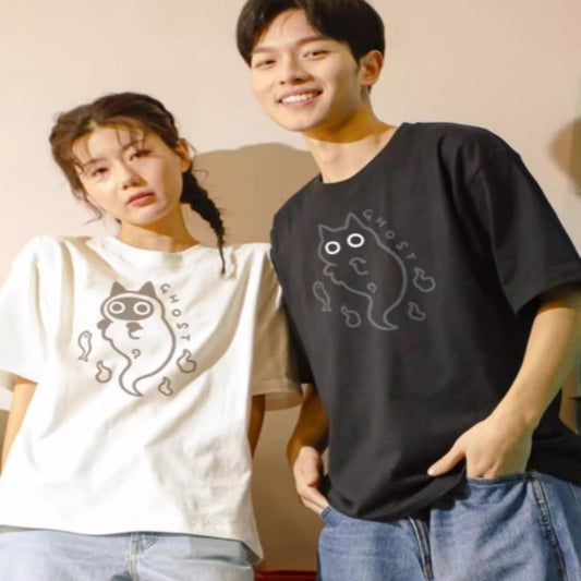 Camiseta de Algodón Puro Holgada con Diseño Fantasma Gato Transparente