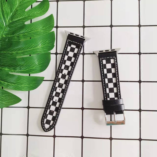 Correa Apple Watch 7 Cuadros Blanco y Negro Lona y Cuero