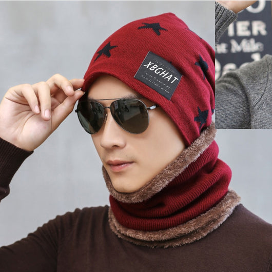 Brown knitted beanie with white five-pointed stars and a matching fleece-lined neck warmer on a man. - Image 20