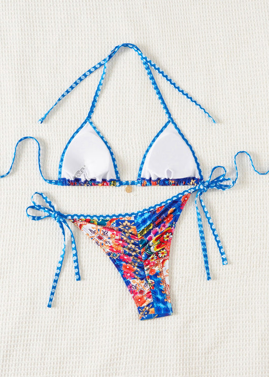 Red floral print triangle cup bikini set with matching bottom, featuring a small gold charm on the top. - Image 34