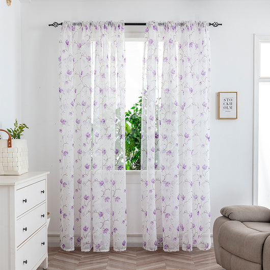 Sheer white mesh curtains with purple and light blue floral patterns, hung on a black rod in a bright room. - Image 15
